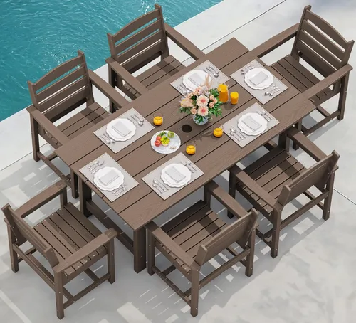 Miniatura 35 de SERWALL Juego de Mesa de Comedor de HDPE para Exteriores, Juego de 7 Piezas de Mesa de Comedor al Aire Libre con Mesa con Corte para Agujero de Gris