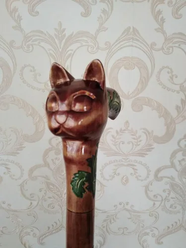 Miniatura 2 de Bastón de madera tallada con cabeza de gato antiguo, hermoso bastón plegable hecho a mano con mango de gato para hombres y mujeres, cómodo, la mejor