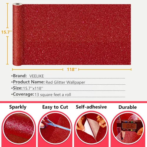 Miniatura 9 de VEELIKE Papel tapiz con purpurina roja de 15.7''x118'' autoadhesivo con brillo que se despega y pega, papel tapiz removible con purpurina brillante