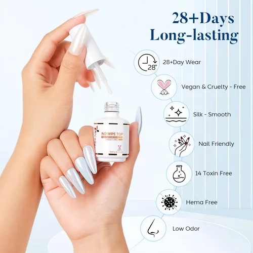 Miniatura 5 de Nicedeco Capa superior de gel para polvo de uñas cromado, sin hema, libre de crueldad, vegano, brillante, transparente, no se limpia, esmalte