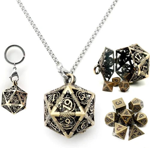 Miniatura 15 de Haxtec Mini Juego de Dados de Metal DND con Estuche de Cuello Hueco Juego de Dados de Metal Pequeños Antiguos Juego de Llaveros D&D Portátil Juego