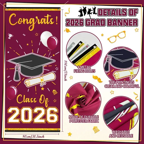 Miniatura 3 de Letrero de graduación granate y dorado para porche, decoración de graduación de Calss of 2026, 3 unidades, pancarta de graduación Cartel