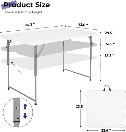 Miniatura 3 de Byliable Mesa plegable portátil de plástico resistente de 4 pies, mesa utilitaria plegable por la mitad, pequeña para interiores y exteriores, Blanco