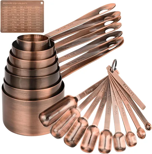 Juego de 18 tazas y cucharas medidoras de cobre, 7 tazas medidoras, 9 cucharas medidoras, cucharas medidoras de acero inoxidable y tazas para