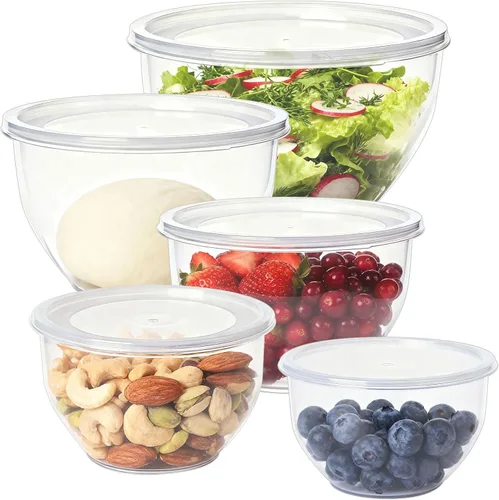 Miniatura 13 de Greentainer Juego de 5 tazones de plástico con tapas para cocina, juego de 5 cuencos para mezclar, hornear, preparar, cocinar y servir alimentos