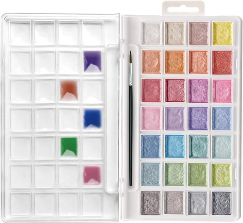 Artecho Juego de 28 acuarelas metálicas, colores con brillo, acuarelas perlactas semihúmedas, ideal para principiantes y artistas