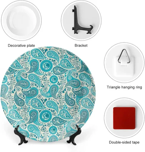 Miniatura 3 de Plato decorativo de 6 pulgadas, artesanía de cerámica turquesa, patrón floral antiguo de cachemira, estampado clásico de Oriente Medio, para colgar