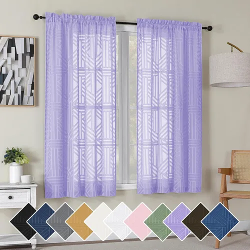 Miniatura 86 de Simplebrand Cortinas traslúcidas negras de cocina de 24 pulgadas de largo, 2 paneles, filtrado de luz, geométrico jacquard con textura, cortinas