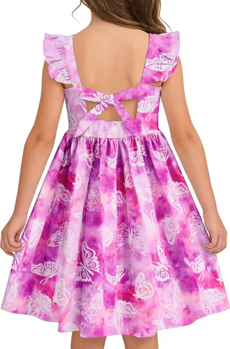 Miniatura 23 de Vieille Vestido de verano para niñas pequeñas, con volantes, manga corta, lindo vestido de sirena sin espalda para niños, vestido de playa casual