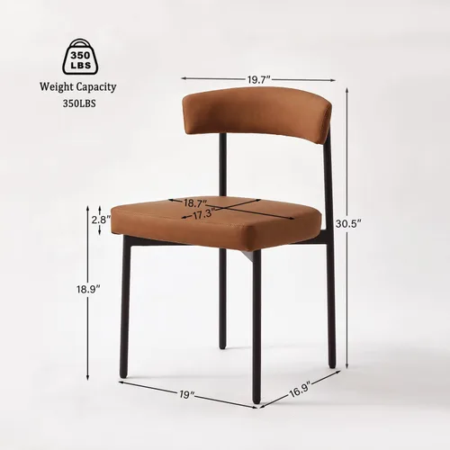 Miniatura 2 de GrandNoor Juego de 2 sillas de comedor de cuero sintético marrón, silla de cocina tapizada sin brazos, silla moderna de comedor con respaldo curvo