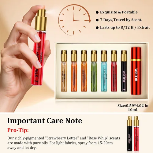 Miniatura 6 de Ikeda - Juego de perfume de 7 piezas, 0.3 fl oz y 20% Eau de Parfum con estuche de viaje, larga duración 8-12H, incluye piel de vainilla, látigo