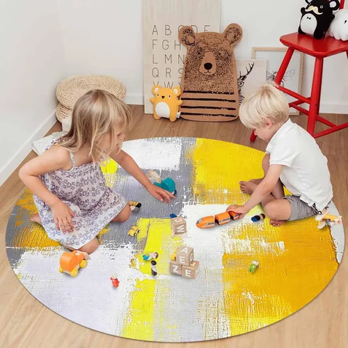 Miniatura 5 de Libaoge Alfombra redonda amarilla de 3 pies para cuarto de bebé, alfombra abstracta moderna y contemporánea, alfombra de yoga para niños y niñas