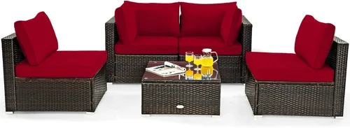 Miniatura 18 de Tangkula Juego de 6 piezas de mimbre para patio, juego de sofá de ratán para exteriores con mesa de fuego de propano de 32 pulgadas, calor de 50,000