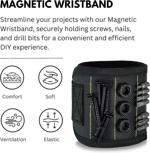 Miniatura 2 de Ciana Pulsera magnética – amarillo negro, sostiene tornillos, tuercas, pernos y brocas, imán fuerte, correa ajustable para hombres y mujeres Negro