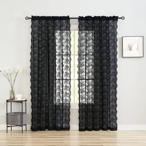 Miniatura 3 de YJ YANJUN Cortinas negras para dormitorio de 90 pulgadas de largo, 2 paneles de cortinas traslúcidas victorianas florales de Halloween para sala