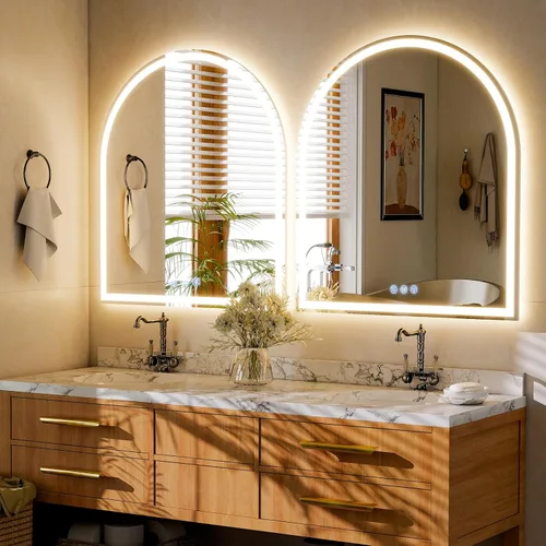 Miniatura 7 de BEAUTYPEAK Espejo de baño con arco LED de 34 x 30 pulgadas con luces, antiniebla, regulable, retroiluminado + iluminado frontal, espejo de tocador