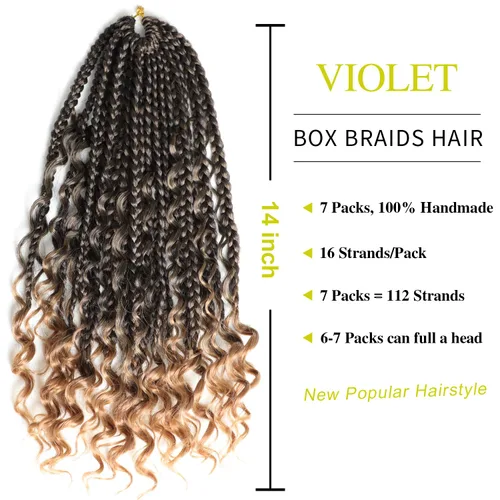 Miniatura 2 de Trenzas de caja bohemia de 14 pulgadas, 7 paquetes de trenzas de caja Goddess de cabello de ganchillo preanudado para mujeres negras, cabello 1B/27