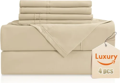Miniatura 14 de CozySmile Juego de sábanas transpirables y refrescantes, sábanas de lujo de 4 piezas con bolsillo profundo para cama de tamaño matrimonial, se Beige