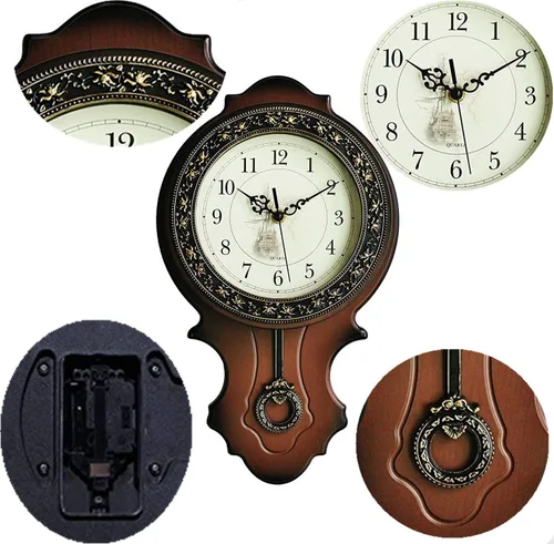 Miniatura 3 de XICHEN Reloj de pared de péndulo de madera simulada estilo europeo retro, diseño de movimiento de cuarzo, estructura principal de plástico, textura