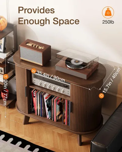 Miniatura 7 de Soporte para tocadiscos, mueble moderno de mediados de siglo con puertas correderas, gabinete de estantería de audio-video, soporte de medios