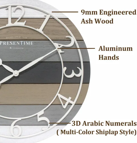 Miniatura 2 de Presentime & Co Reloj de pared moderno de granja con diseño shiplap, de 19.5 pulgadas, números arábicos blancos con estilo shiplap de veta de madera