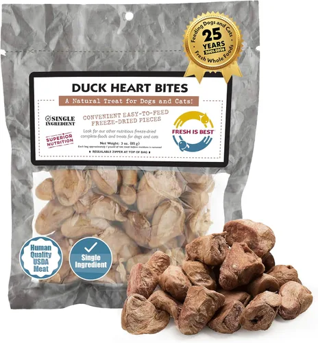 Fresh Is Best Duck Heart - Golosinas liofilizadas para perros – Golosinas crudas liofilizadas para gatos en bolsa resellable con cremallera – Alto