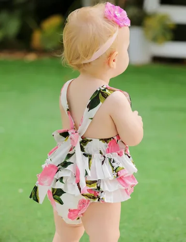 Miniatura 3 de Mameluco de verano con diseño floral y volantes para niña bebé, con diadema