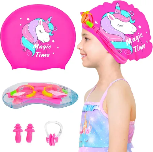 Miniatura 9 de Gorros de natación para niñas (de 2 a 6 años), gorro de natación de silicona impermeable duradero para cabello corto con gafas de natación, tapón