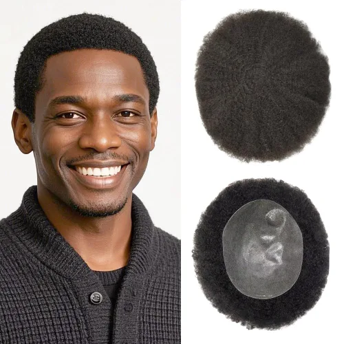 Miniatura 17 de Unidades de cabello afro para hombre, tupé, meave, afro tupé para hombre, sistema de reemplazo de cabello humano rizado, postizo de 0.787 in, 1#