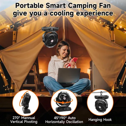 Miniatura 2 de Sireck Ventilador de campamento alimentado por batería de 40000 mAh, ventilador personal portátil de 12 pulgadas con control remoto, linterna LED, 6