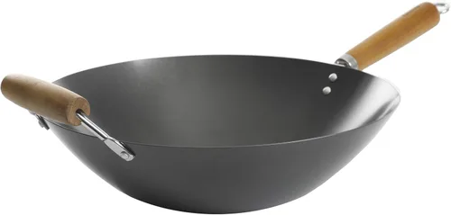 Kenmore Hammond - Wok de acero al carbono de fondo plano de 14 pulgadas, negro, sartén antiadherente duradera para estufas de gas y eléctricas