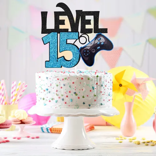Miniatura 7 de Decoración para pastel de cumpleaños de nivel 15 – Videojuego de 15 cumpleaños para niño de 15 años, suministros de pastel azul – Decoración