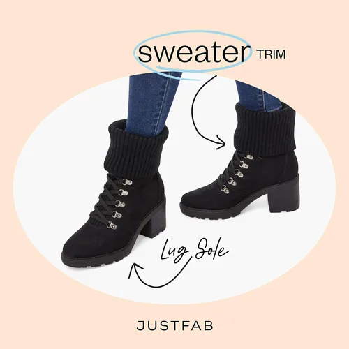 Miniatura 3 de JustFab Camber Botas de combate con cordones para mujer, gamuza sintética y ribete de suéter