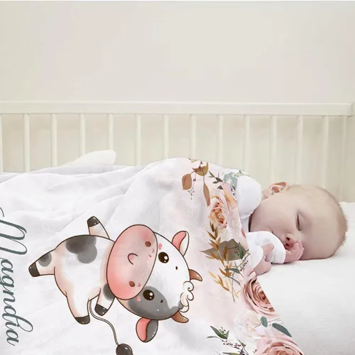Miniatura 2 de Manta de bebé personalizada para niñas y niños pequeños, recién nacidos, regalos personalizados de vaca floral con nombre y texto, 40 x 30 pulgadas