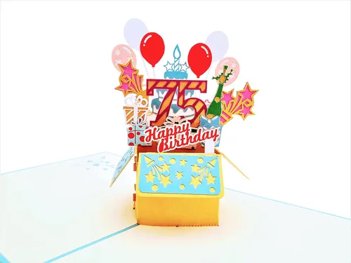 Miniatura 3 de iGifts And Cards Tarjeta desplegable 3D de cumpleaños 75: caja de fiesta azul centro de mesa de champán - Saludo de hito para padres, abuelos