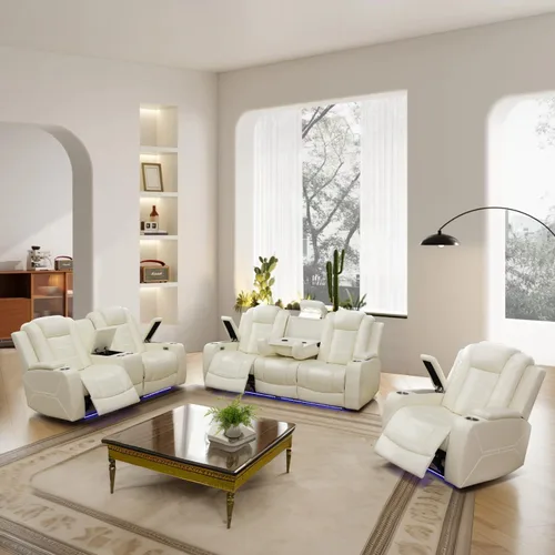 Miniatura 22 de Sofá reclinable eléctrico, sillón reclinable de cuero con LED/almacenamiento, sillón reclinable de cine en casa de 3 plazas, sofá de cuero negro