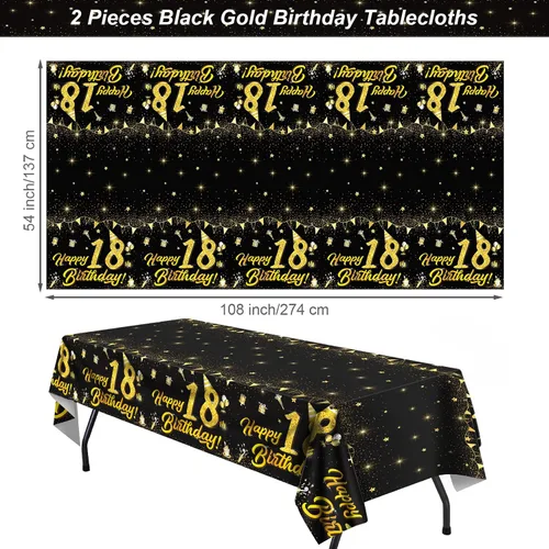 Miniatura 2 de durony Paquete de 2 manteles de cumpleaños de 18 años, de plástico, color negro y dorado, impermeable, rectangular, para fiestas en interiores