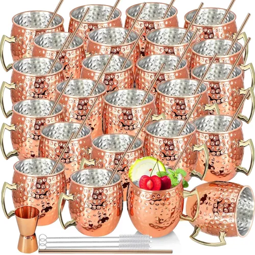 Moscow Mule - Juego de 24 tazas chapadas en cobre de 18 onzas a granel grandes de acero inoxidable martillado con asa, 1 popote de acero inoxidable