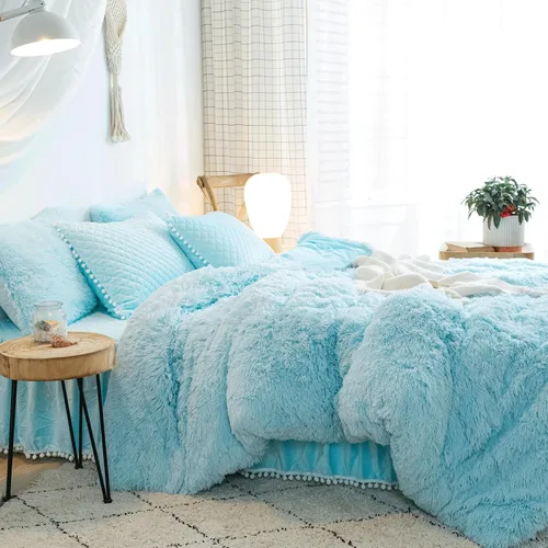 Miniatura 4 de Juego de funda de edredón de felpa azul para cama individual, juego de ropa de cama para niñas de pelo lanudo azul tamaño individual 2 piezas