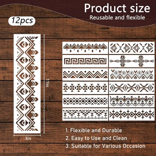 Miniatura 4 de Keluna - Plantillas aztecas - 12 piezas Plantillas de bordes de patrón boho para pintura DIY en pared y lienzo de madera