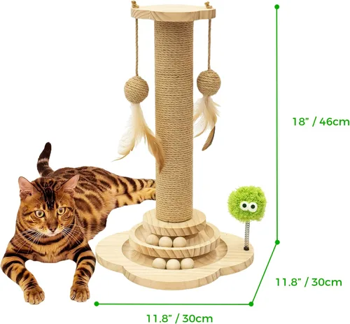Miniatura 6 de TINYBEAST Poste rascador de madera para gatos, juguete rascador de gato 4 en 1 con pistas de bolas para gatos, poste rascador de sisal de 18