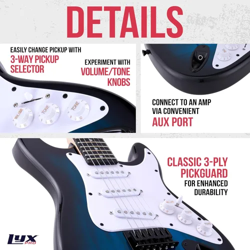 Miniatura 3 de LyxPro Guitarra eléctrica de 36 pulgadas y kit para niños con guitarra para principiantes de tamaño 3/4, amplificador, seis cuerdas, dos púas, Azul