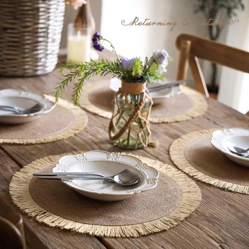 Miniatura 6 de FunWheat Juego de 12 manteles individuales redondos de arpillera trenzados para mesas de comedor de 15 pulgadas, resistentes al calor, tela tejida