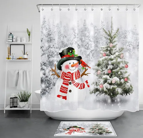Miniatura 7 de Christmas Snowman Shower Curtain for Bathroom Cardinals and Xmas Tree with Xmas Ball on Snowfield Bathroom Shower Curtains with Hooks, Winter Forest