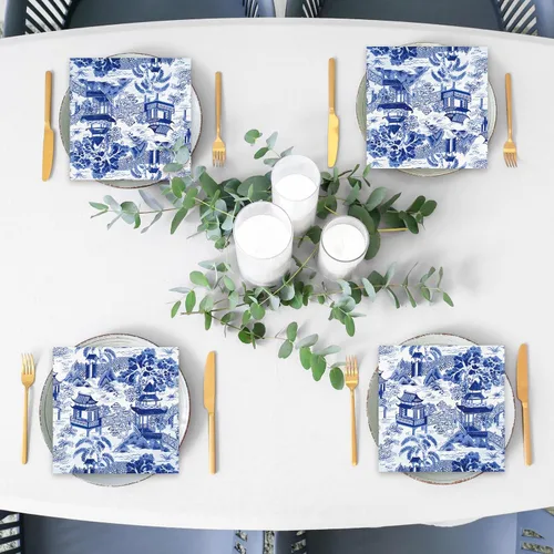 Miniatura 7 de 80 servilletas de papel toscano azul y blanco chinoiserie, servilletas de papel desechables para cena de granja, servilletas de almuerzo