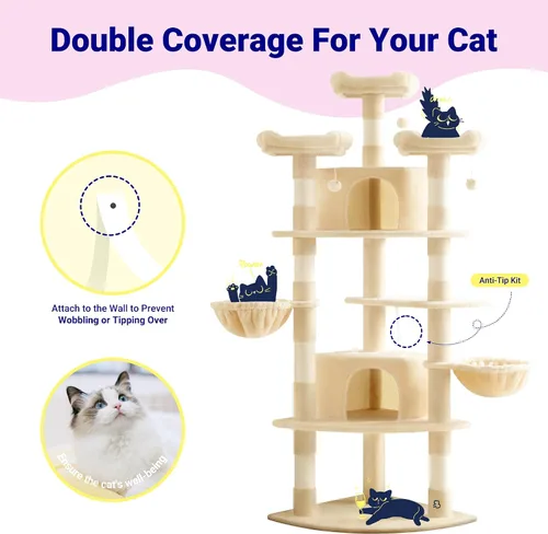 Miniatura 3 de Allewie Torre esquinera para gatos de 73 pulgadas en forma de abanico que ahorra espacio, árbol alto de varios niveles para gatos de interior/cestas