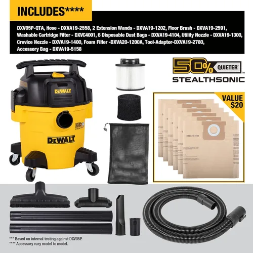 Miniatura 5 de DEWALT Stealthsonic Aspiradora de taller húmeda y seca, 5 galones, 4 HP, aspiradora ultra silenciosa con kit de accesorios completo y 6 bolsas