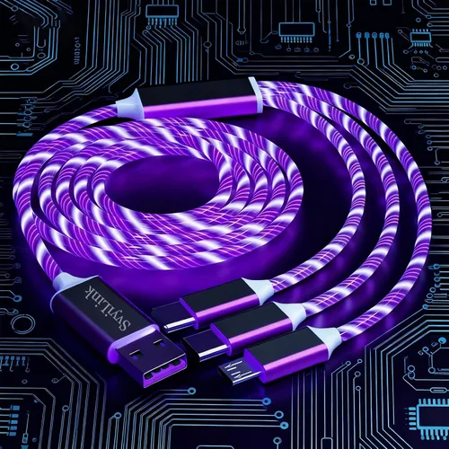 Miniatura 18 de Cable USB PD cargador rápido iluminado (USB 3 en 1 azul), cable de datos de teléfono, cable de carga de luz fluida, 39 pulgadas, material TPE
