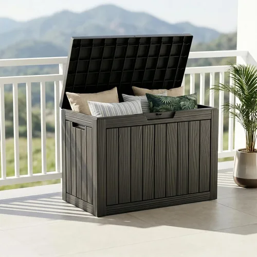 Miniatura 15 de ROJIK Caja de almacenamiento para exteriores, caja de cubierta impermeable de 85 galones, contenedor de almacenamiento exterior de resina resistente