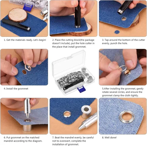 Miniatura 2 de Pangda Juego de 100 ojales con herramienta de ajuste y caja de almacenamiento para tela, lonas, cortinas Plata
